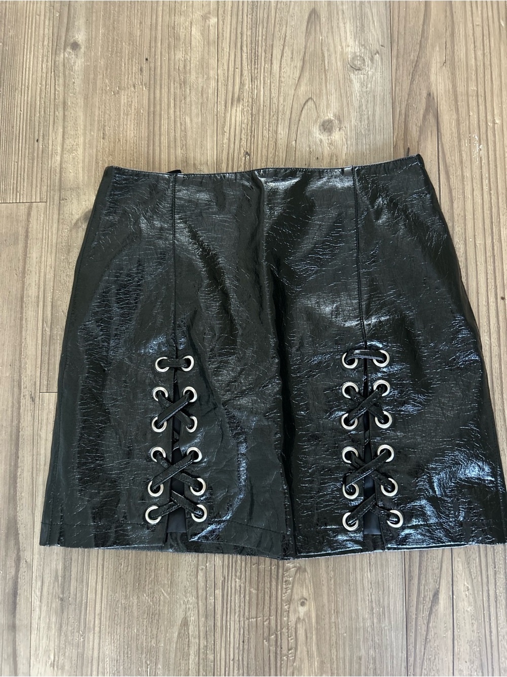 Forever 21 Black edgy front double laceup metal grommets Faux Leather Mini Skirt